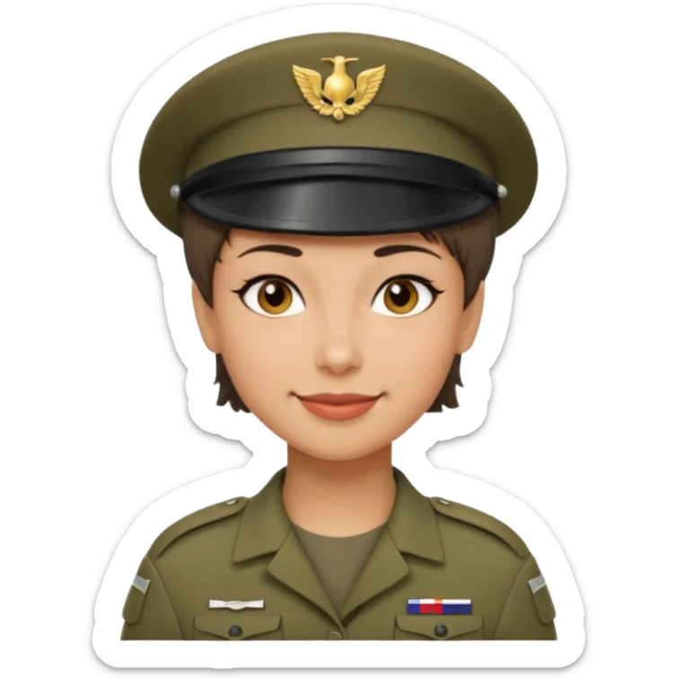 Apple-style emoji: female soldier, bust, no cap/helmet, friendly smile sticker
