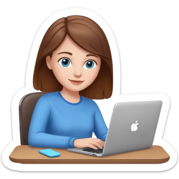 white girl, brown hair, blue eyes, typing on a laptop, relaxed and happy sticker
