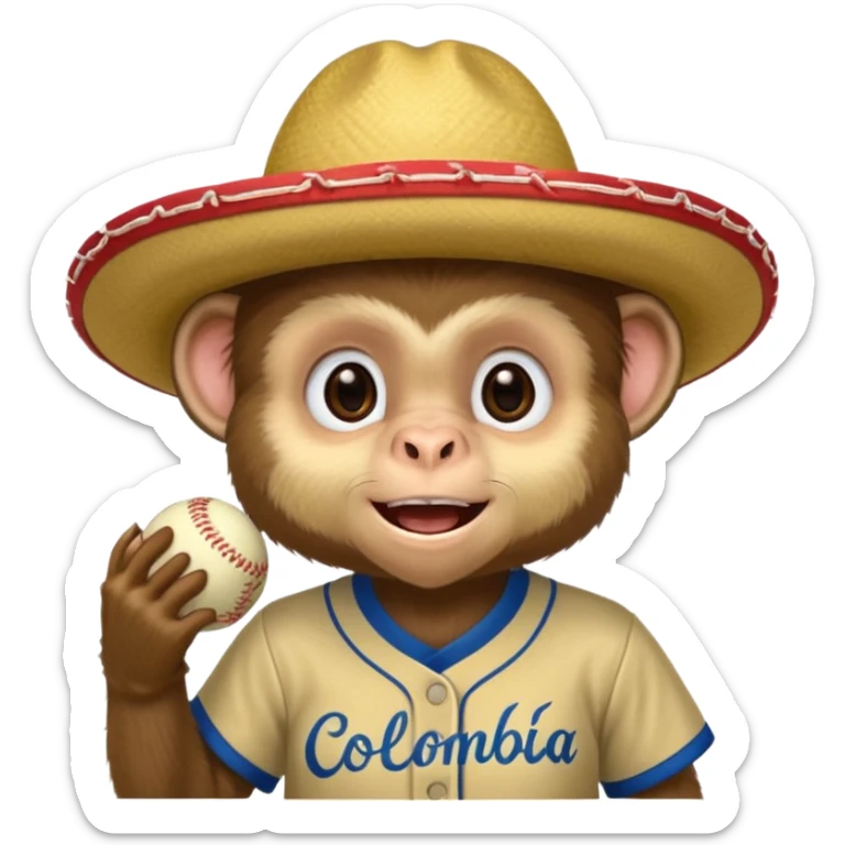 Crear una mascota que sea un mono capuchino sobre el cual predomine el color café, cara clara y expresiva, alegre, atlético, que lleve uniforme de softbol que diga Colombia, con un sombrero vueltiao' un poco inclinado que se vea personalizado con el nombre YAIFER sticker
