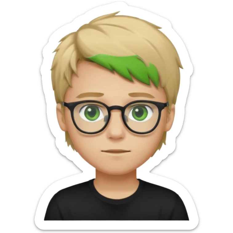 Generate me a profile picture like with a teenage boy who has dirty blond hair, green eyes, glasses and a black t-shirt sticker