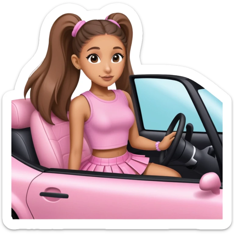 Ariana grande wearing a pink croc top and pink short skirt skirt driving to the wicked set sticker