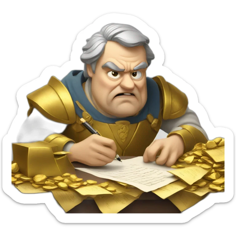 middle ages taxman, angry, writing on a paper, pile of gold sticker