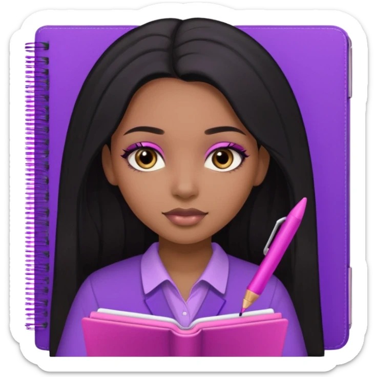 Une fille noir au cheveux lisse qui est entrain d’écrire avec un stylo rose sur un cahier violet cheveux long et lisse avec des jolis yeux et un beau makeup sticker