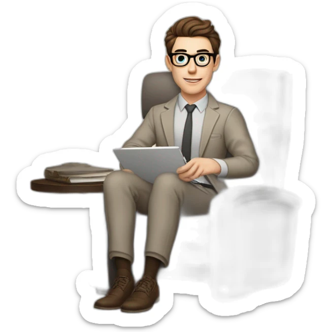 Pale skinned Fit Man With dark brown hair in gray jacket, beige office shirt, Brown pants and vintage glasses sitting In a soft chair with a notebook on spring with emblem Ψ and a pen sticker