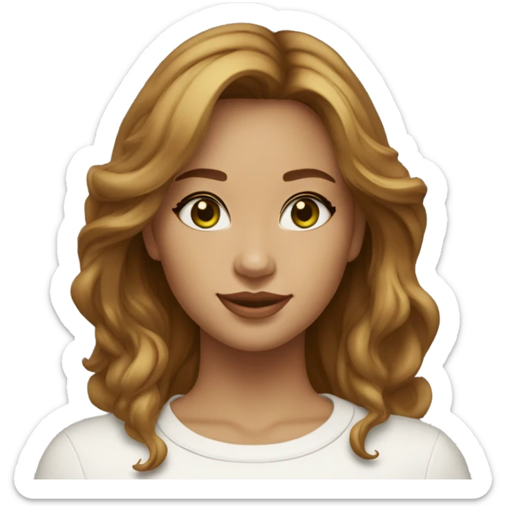 Female, 30 years old, light skin but tanned, green/honey eyes, thick wavy light brown hair cut in layers shaggy style, small gold earrings, white turtleneck T-shirt sticker
