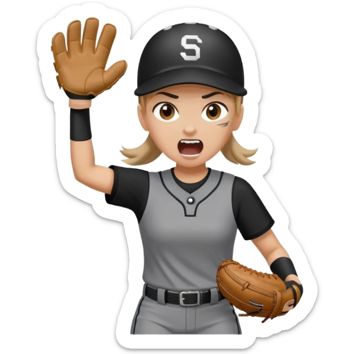 Girl softball player in grey and black uniform  with a ball glove on and a screaming face sticker