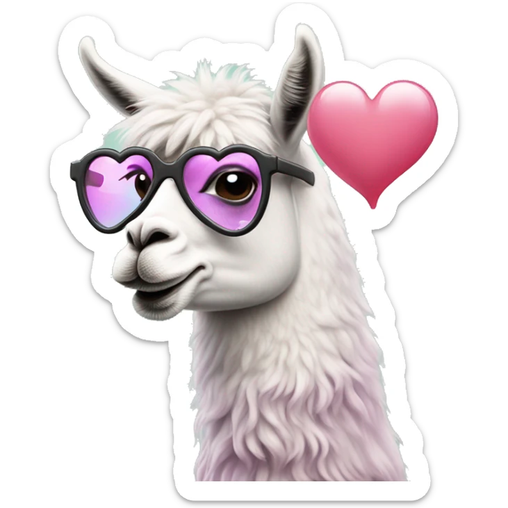 Cartoon llama wearing heart glasses blows a bubble of bubblegum sticker