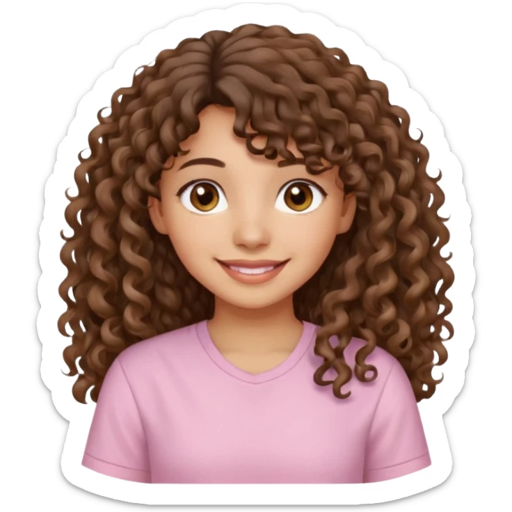 A Latina girl with brown eyes and long loose curly hair with curly bangs with a light pink shirt sticker