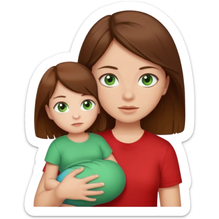 a girl with brown strait hair and has baby green eyes has a red t-shirt no baby sticker