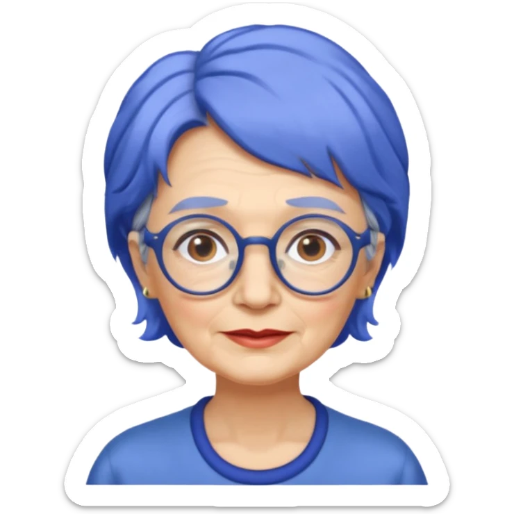 old lady with cobalt hair, wearing glasses, slight curl short hair, long face sticker