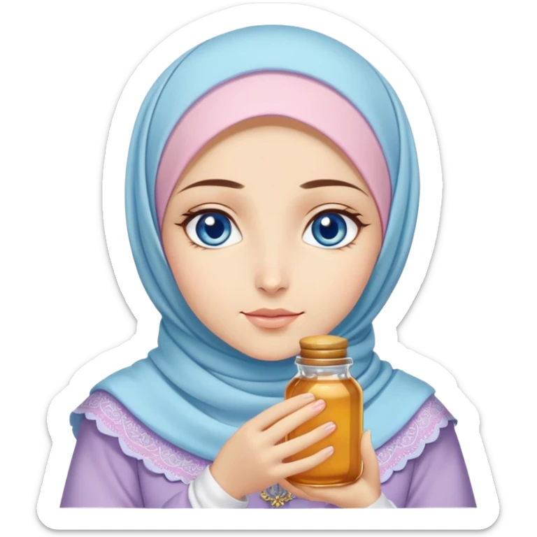 Turkish beautiful finish Konya girl blue eyes with honeycomb pastel hijab islamic dress and had on her hand honey sticker