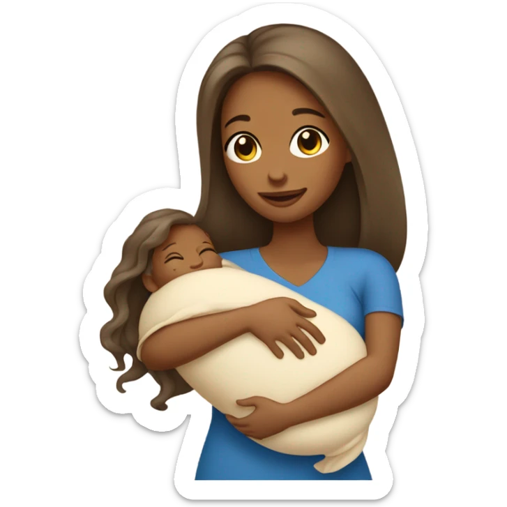 Tan girl with long hair holding newborn baby boy in arms  sticker