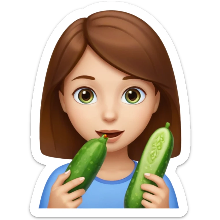 I want a brown hair blue eyes girl emoji, sucking a cucumber and holding two more in her hands sticker