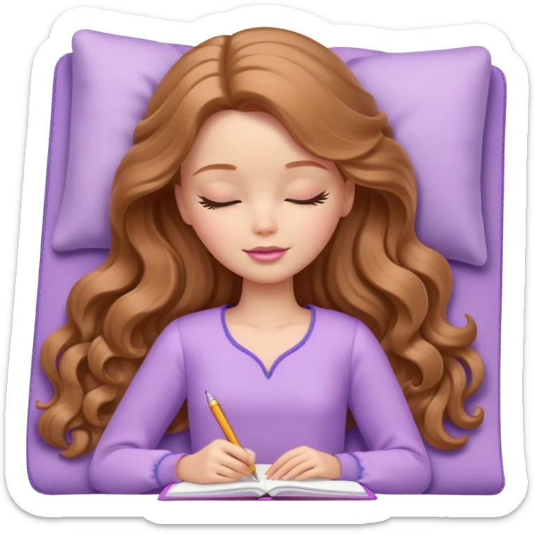 White Barbie girl Chestnut long wavy hair sleeping with In lavender clothes, he writes in a notebook sticker