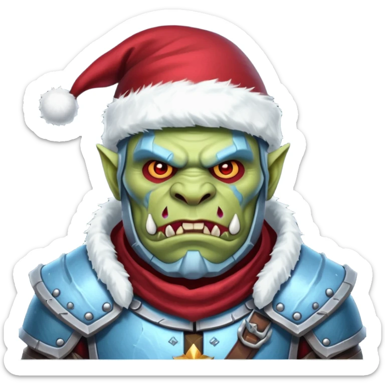
Fantasy Christmas orc legion soldier icon, iron tundra army theme, heavy winter armor, disciplined brutal look, icy blue steel armor with deep crimson accents, frozen metal texture, cold winter atmosphere, male variant sticker