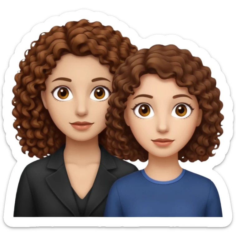 A woman with brown curly hair and brown eyes next to a woman with a slightly lighter shade of brown hair but the same brown eyes sticker