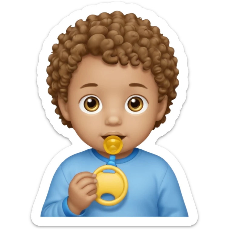 A boy baby with light brown skin, soft curly light-brown hair, wide brown eyes, and a blue-yellow pacifier.  sticker