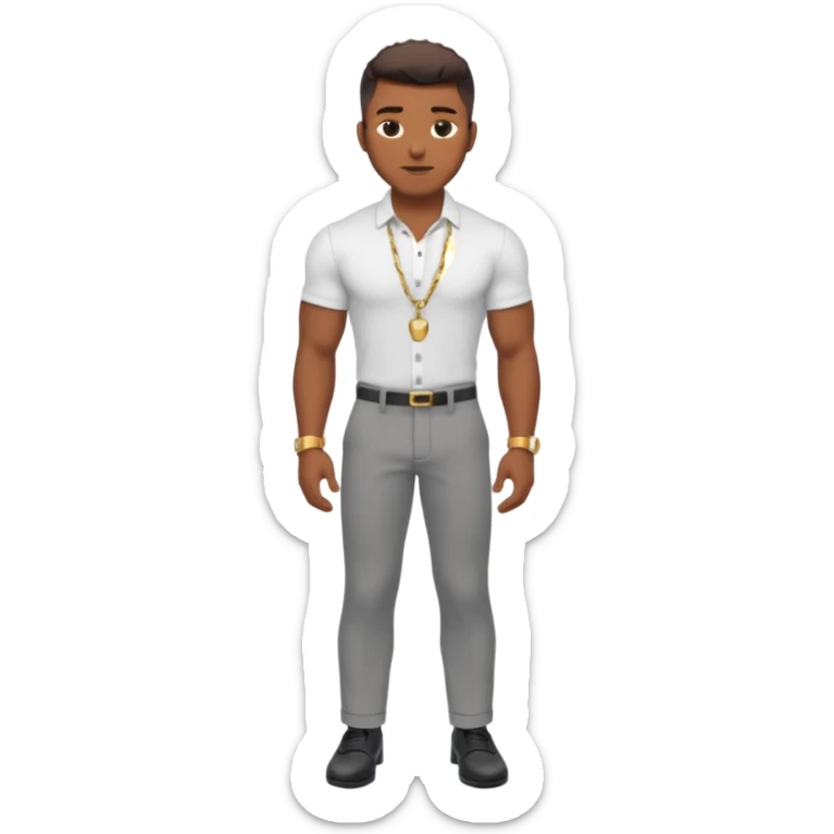Handsome Black guy with brown skin tone, with lean muscular build, wearing gray slacks, a white button up top, black shoes, and a gold chain sticker