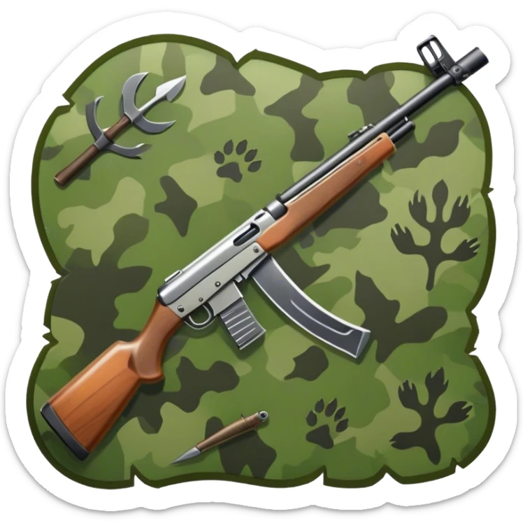 Icon for Hunting: a rifle, hunting knife and a set of animal tracks on the ground, surrounded by a camouflage pattern. The icon should represent the tools and spirit of hunting. Transparent background. sticker