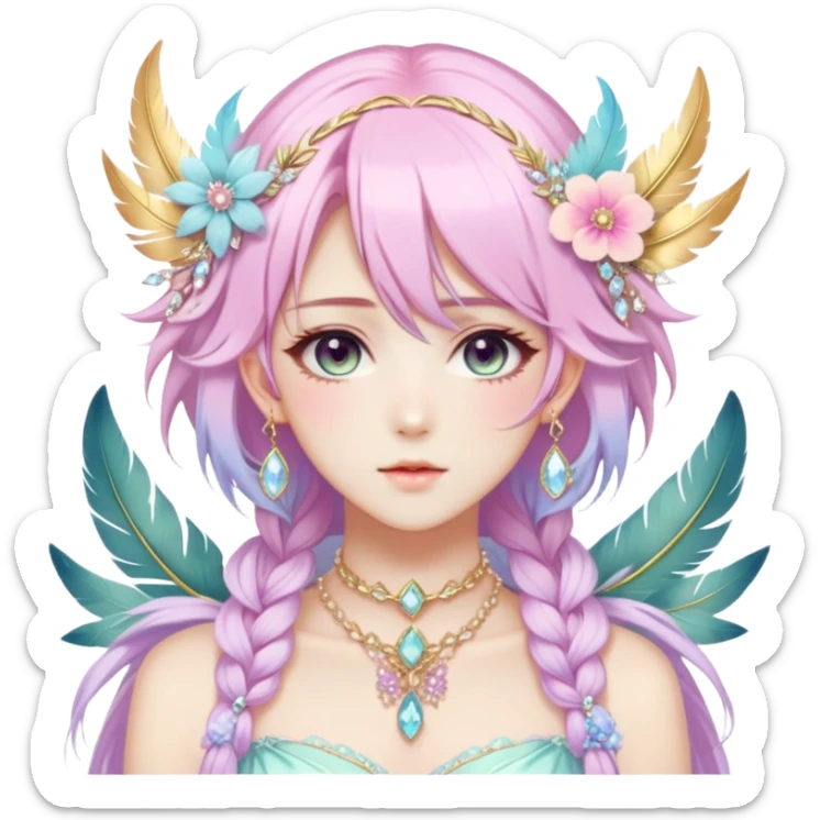 Beautiful gorgeous anime lady with beautiful pastel-special-hair, fashion aesthetic, ethereal, fairycore, pastelcore, feather, flower, crystals, accessories, jewelries, gold, colorful, gold laurel sticker