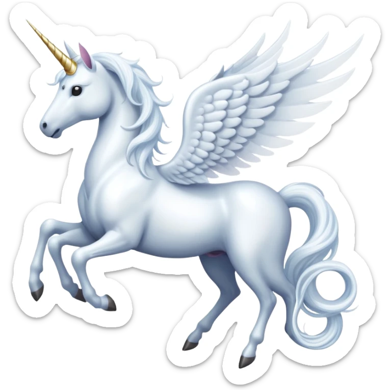All white Cinematic Noble Unicorn with wings, slender with a flowing mane and tail and spiraled horn sticker