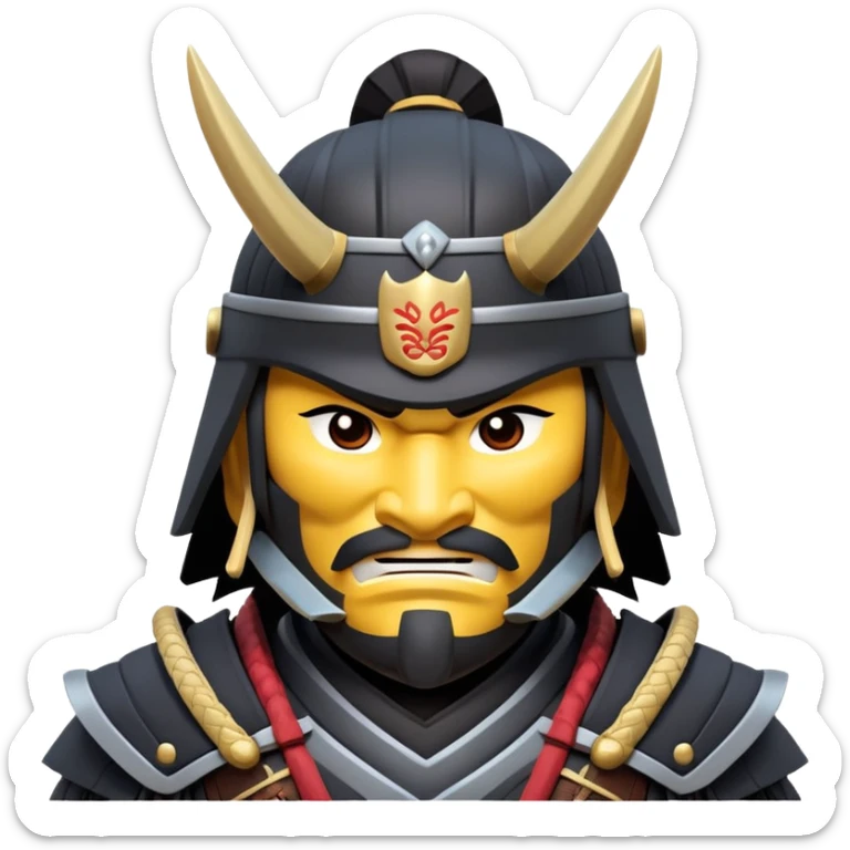 clash-of-clans-aesthetic_-cinematic-fearsome-and-majestic-samurai-bust-portrait-emoji, rendered in a flat, vector-style with minimal shading and bold, simplified shapes typical of emoji art, depicting a battle-hardened samurai with black mask and traditional black Japanese armor. The samurai is riding a noble grey warhorse adorned with an intricately designed saddle and fluttering banners and a rising sun. a samurai riding on a  horse zoomed in sticker