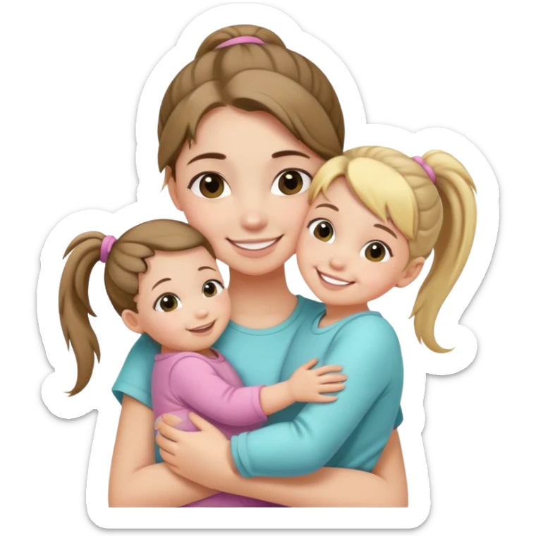 Teenage girl with ponytail embracing a baby and her little sister, loving family sticker
