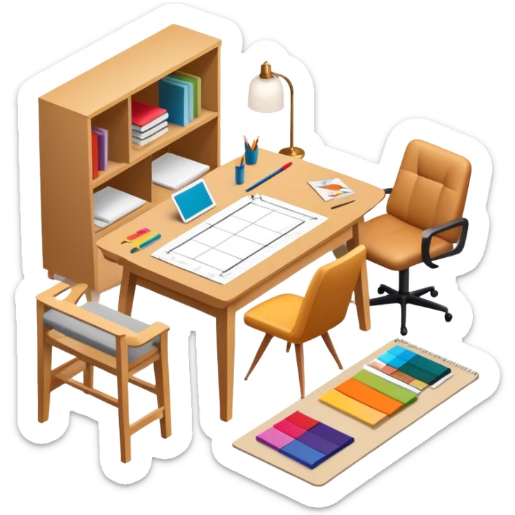 Icon for Furniture Design: a workspace with a designer sketching a piece of furniture, surrounded by design tools like a ruler, pencil, fabric swatches, and a 3D model of the furniture. The icon should represent the design process and creativity in furniture making. Transparent background. sticker
