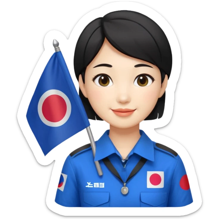 A big eye
A young Korean female guide with black short hair and a Korean flag sticker