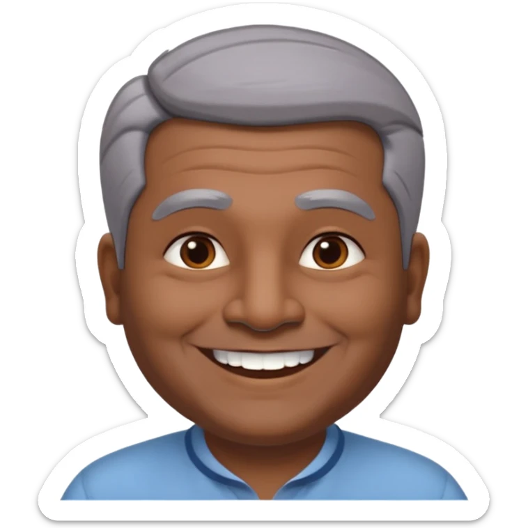50 yr old indian man, dark skin, grey hair, big smile, white teeth, chubby, no moustache, clean shaven, young style hair, hair brushed back, 5 oclock shadow sticker