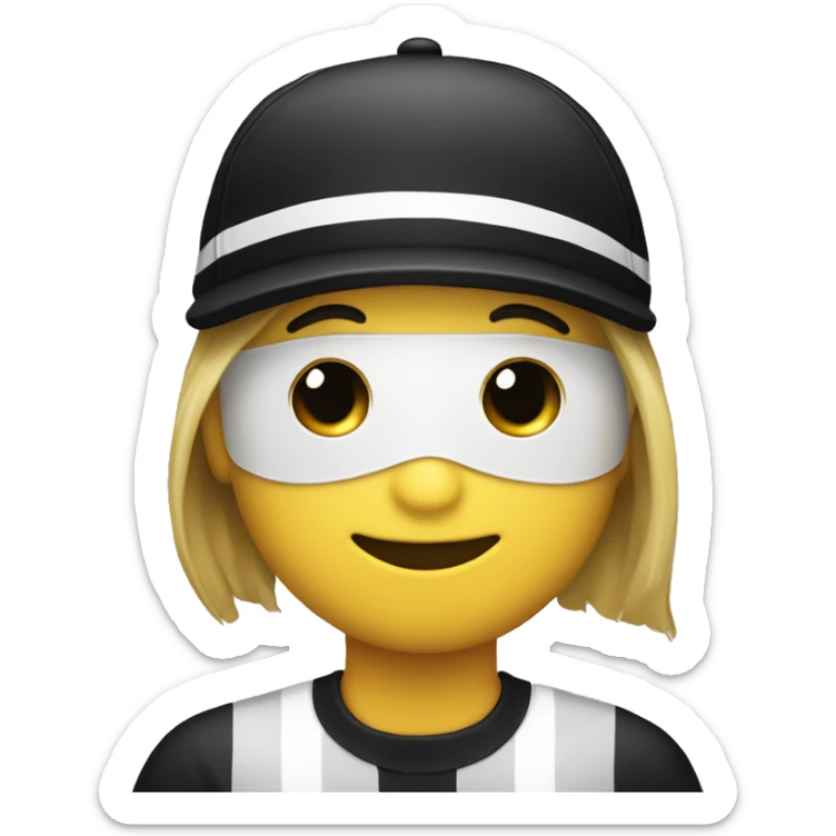 Common emoji with a people wearing a black mask on eyes, shirt with black and white stripe, black Cap  sticker