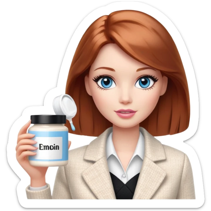 A Barbie girl with blue eyes, shoulder-length reddish-brown hair with makeup, wearing a white tweed jacket and a black skirt, pale beige body cosmetic cream pot sticker