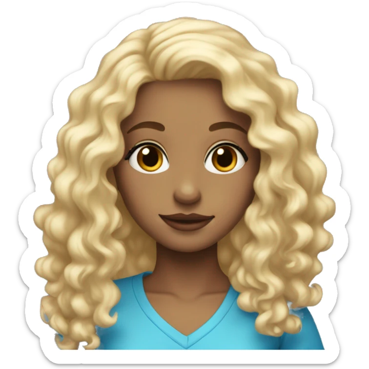 Girl with blonde hair with loose curls and blue eyes wearing  sticker