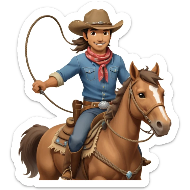 clash-of-clans-aesthetic_-cinematic-playful-cowboy-portrait-emoji, head-tilted with a roguish, cheeky grin and twinkling eyes, featuring a rugged, spirited build with a wide-brimmed cowboy hat and a weathered bandana on tan skin, riding a powerful galloping horse with dynamic flowing mane, reins gripped firmly in one hand and a lasso in the other, as dust swirls behind them in a vast desert landscape. sticker