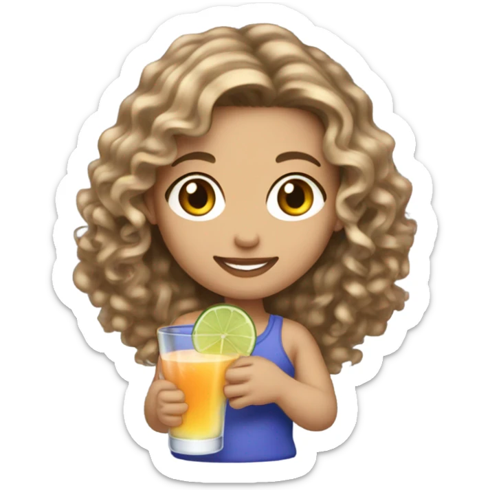 Long curly brown hair with blonde highlights, white skin with a cocktail sticker