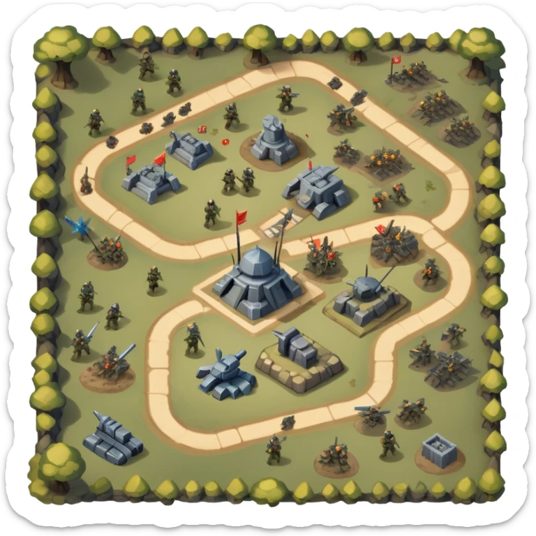An icon showing a strategic battle scene with a top-down view of an army, inspired by classic strategy games. The interface displays unit icons, a minimap, and resource counters. Soldiers and siege weapons engage in combat on detailed terrain. Transparent background. sticker