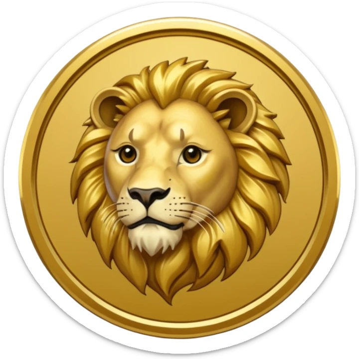Fais un emoji de pièce d'or ronde avec l'inscription "F" dessus et un lion très détaillé gravé sur la pièce sticker