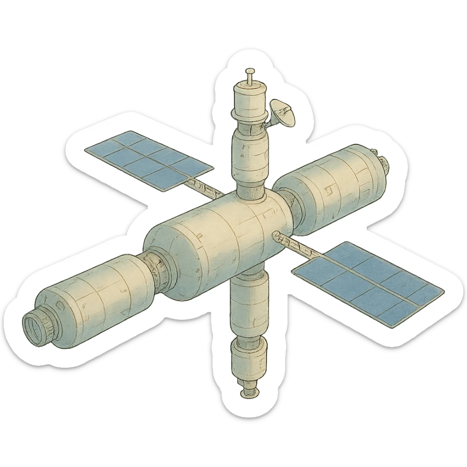 ghibli style illustration of Tiangong orbital station with soft colors sticker