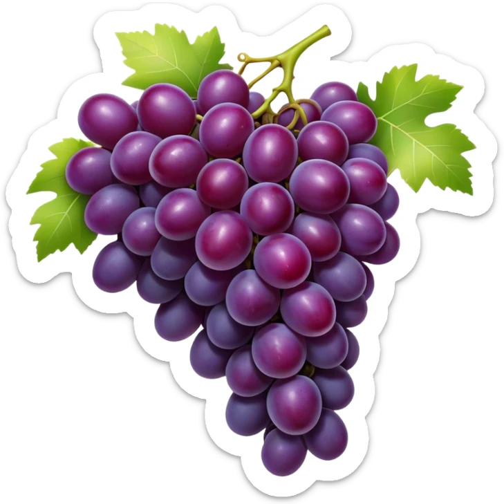 Cinematic Realistic Grapes Emoji, Clustered together in rich purple hues, with smooth, plump skins reflecting light in a glossy, delicate sheen. The stems curve slightly, holding the clusters together like a sweet, natural treasure. Soft glowing outline, capturing the essence of natural sweetness and richness in a bunch of ripe grapes! sticker
