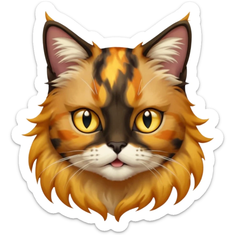 long hair tortoiseshell cat with a black face, white beard and yellow lightning mark above left eye sticker