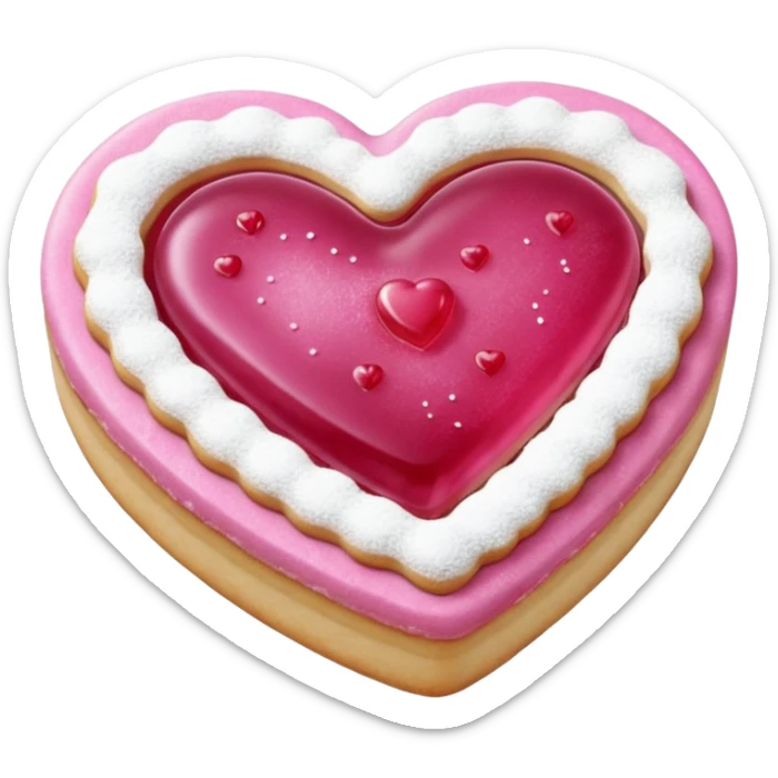 Realistic shortbread cookie in the shape of a heart with pink jelly middle filling and sprinkled powder sugar on top. sticker