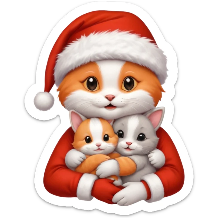 Happy Cute Kitten wearing a Santa hat hugging a cute bunny in a Santa hat as friends sticker