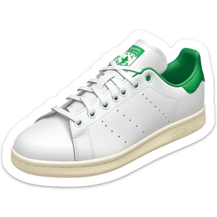 Adidas Stan Smith in white and green colorway, simple clean tennis shoe, white leather with green details, angled view, isolated sticker