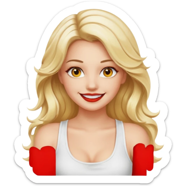 a woman with white tank top and smile, her hair is long wavy blonde hair, her face is baddie girl style, her eyes color are yellow and the color of her lip is soft red sticker