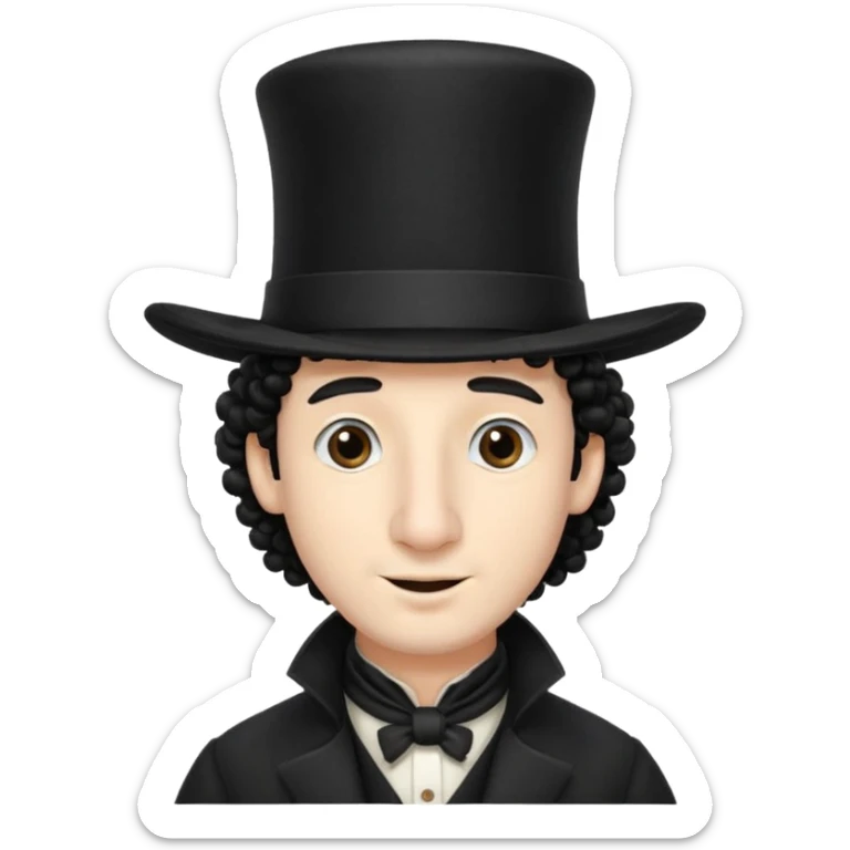 A man with a big nose and a black hat like a top hat but round and all black, with a strand of curly hair coming out from both sides of the hat, the strand of hair should be long and just 1 hair  sticker