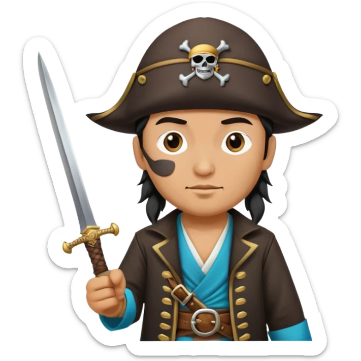 Kazakh pirate wearing traditional Kazakh hat and clothes with an eye patch and a pirate sword sticker