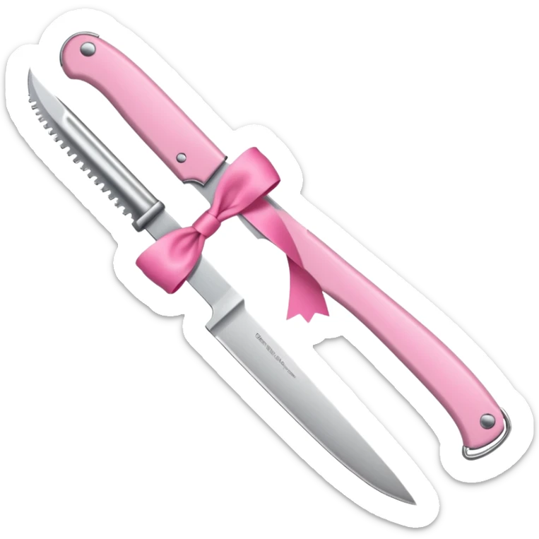 Only one object: a kitchen knife. A pink ribbon bow is tied directly on the knife handle. No other items. No decorations. Minimal emoji style. White background. Flat vector. sticker