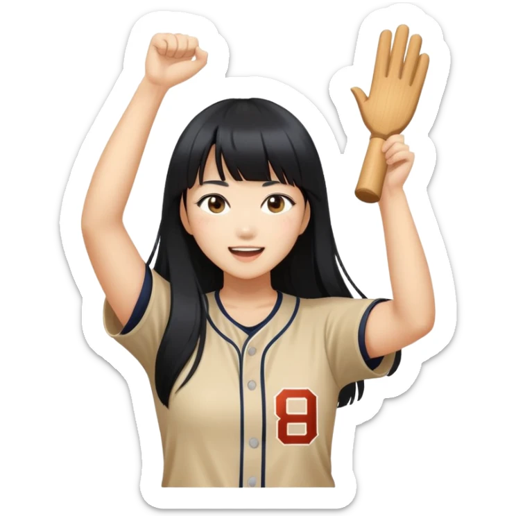 East Asian woman with long black straight hair and bangs cheering for Doosan Bears baseball team sticker