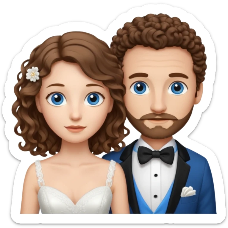 wedding couple, woman has long lightly curled brown hair and blue eyes, man has short light brown curly hair and facial hair with blue eyes sticker