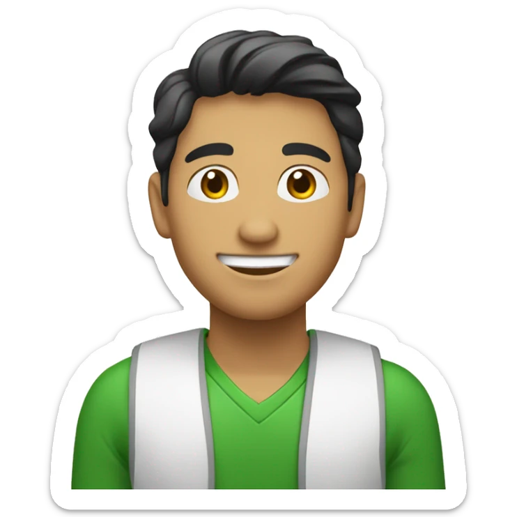 Un señor latino joven, con sonrisa y ropa verde y blanca sticker